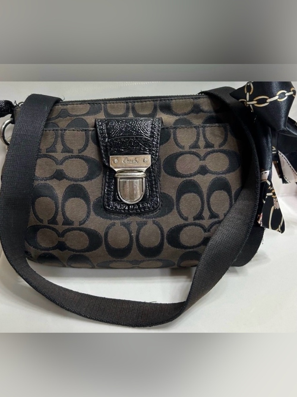 Coach Brown and Black Signature Crossbody with Scarf Accent